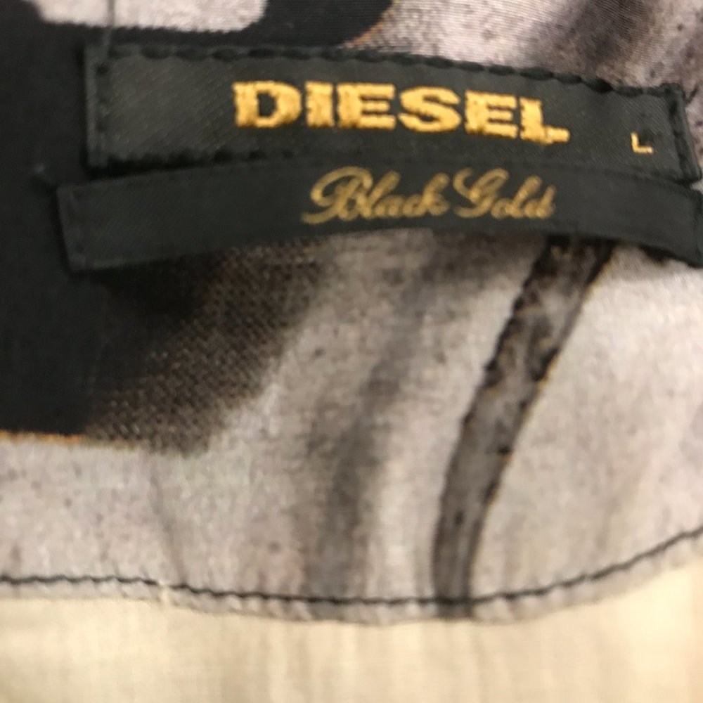 Diesel black gold silk sleeveless loose fit dress bird gray print low back L - Picture 9 of 9